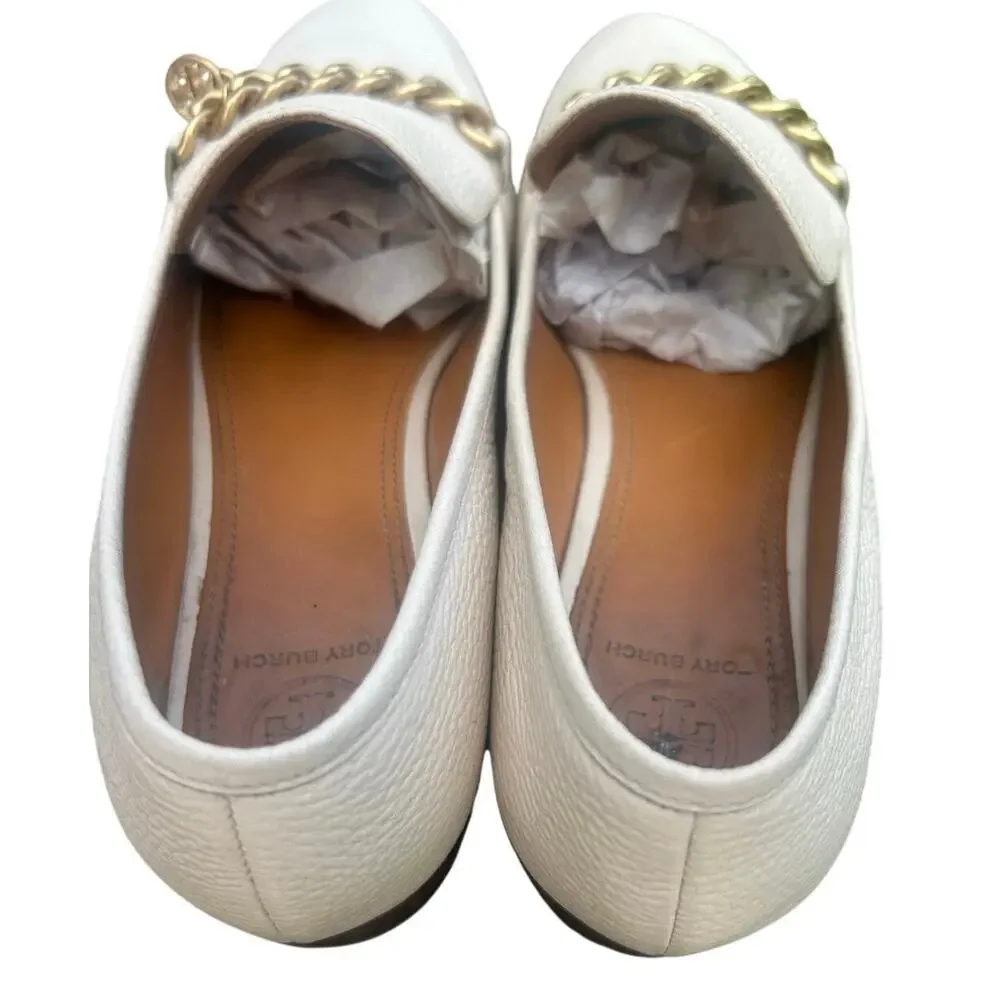 Tory Burch Mini Benton Charm Loafers Dulce De Leche Leather Gold Chain 8M
